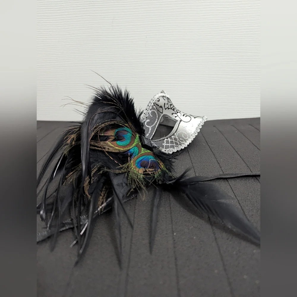 Elegant Silver and Black Feathered Mask